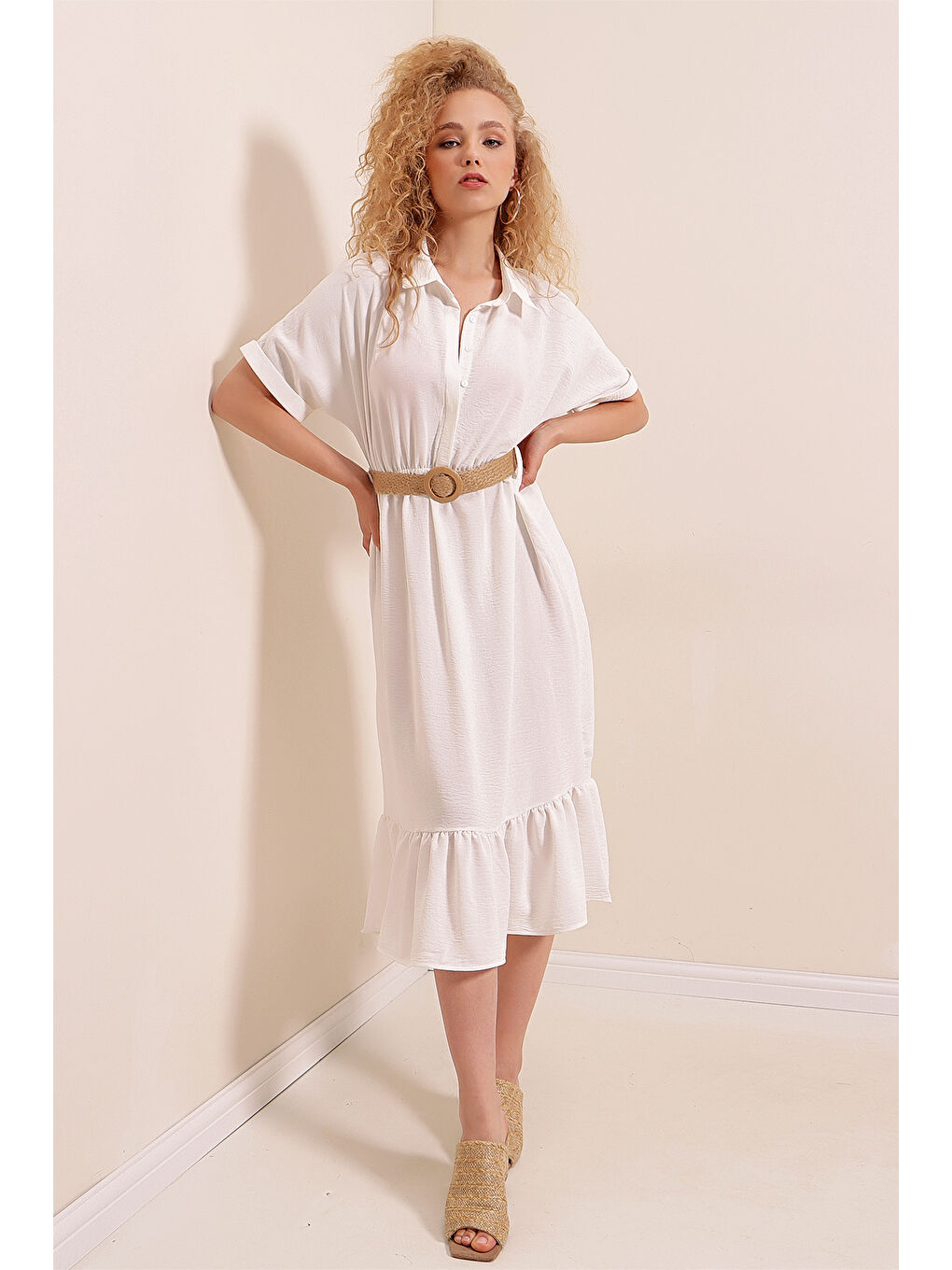 2292 Kemerli Elbise - Beyaz-1