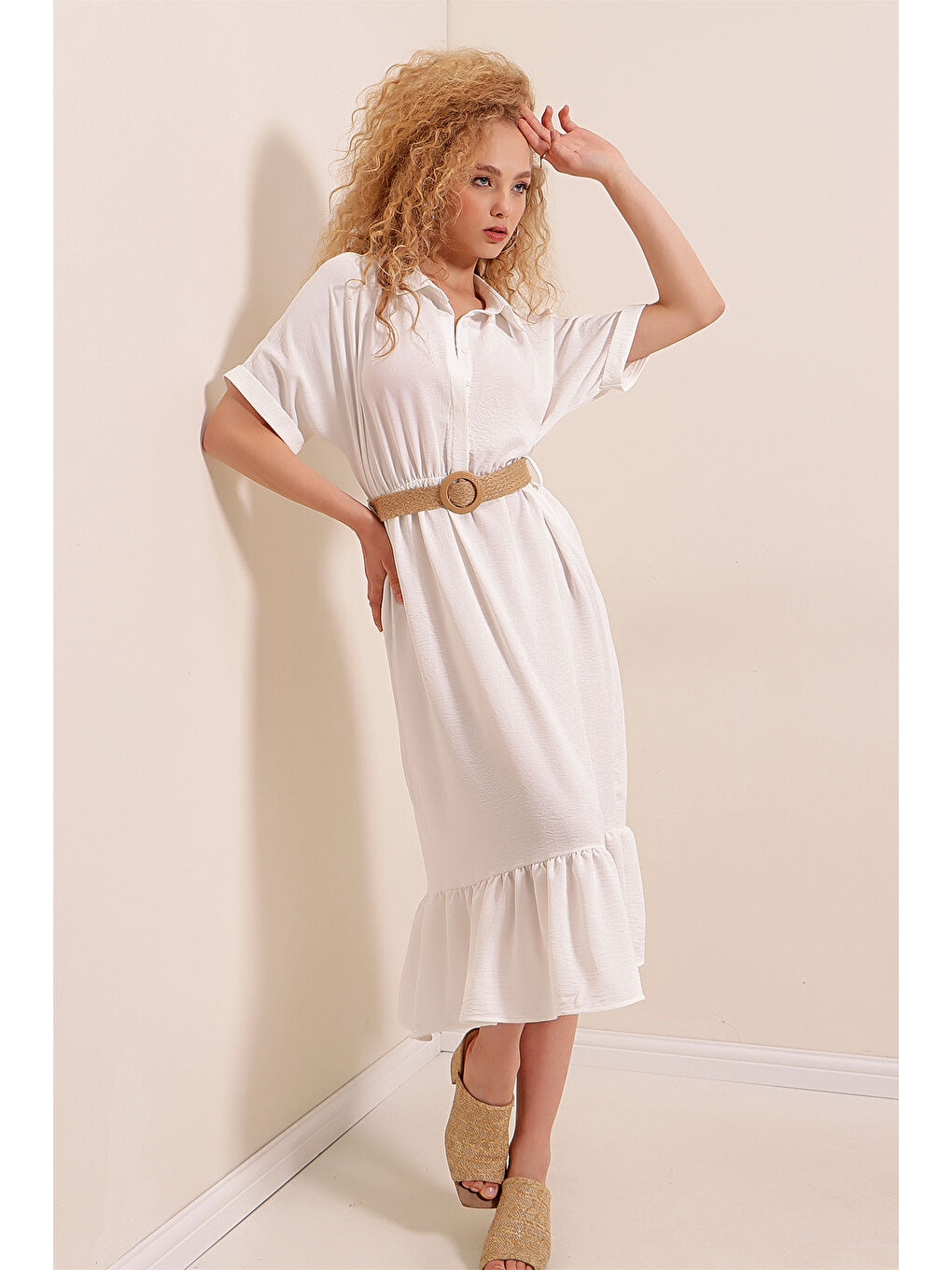 2292 Kemerli Elbise - Beyaz-2