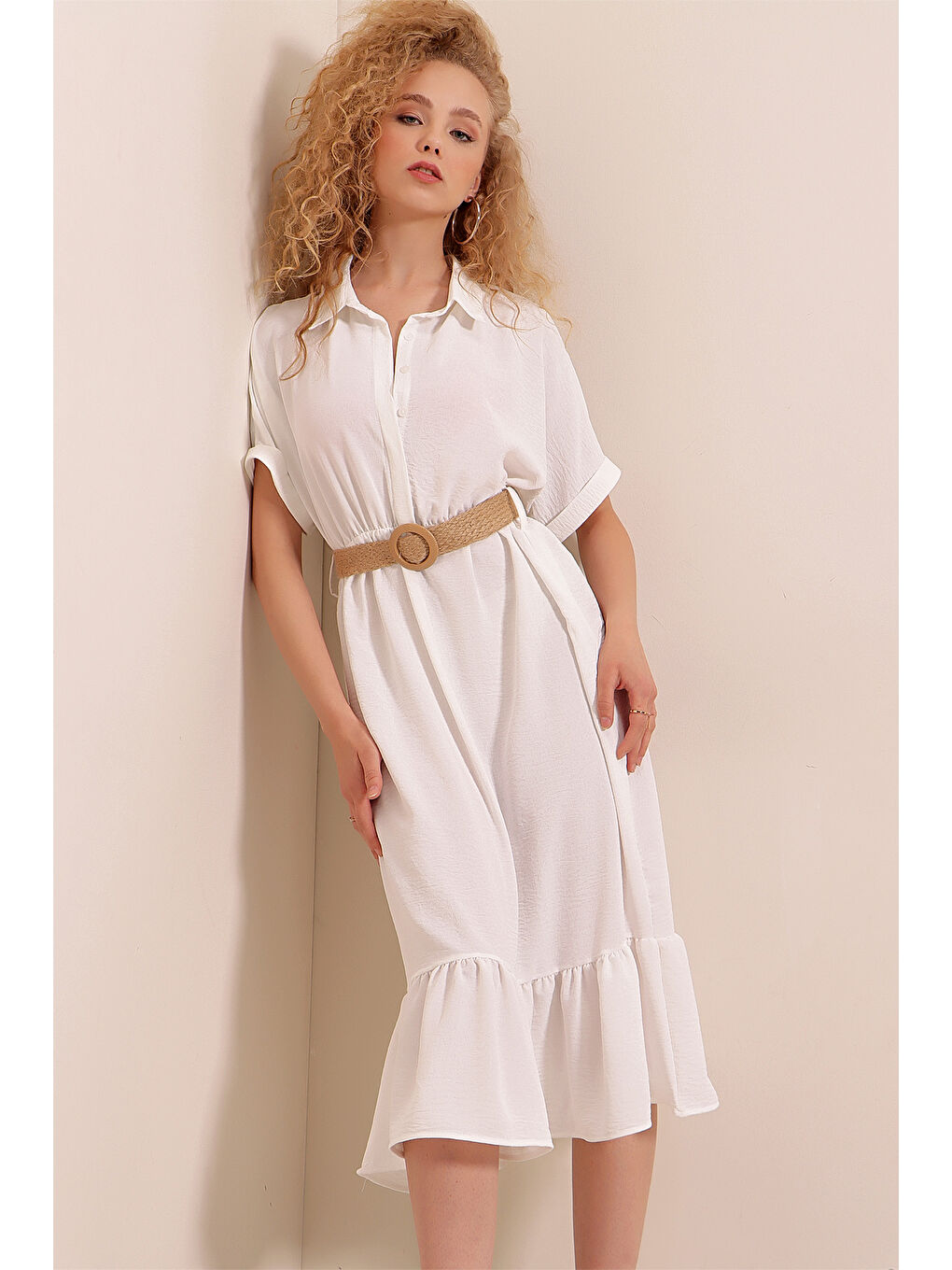 2292 Kemerli Elbise - Beyaz-3