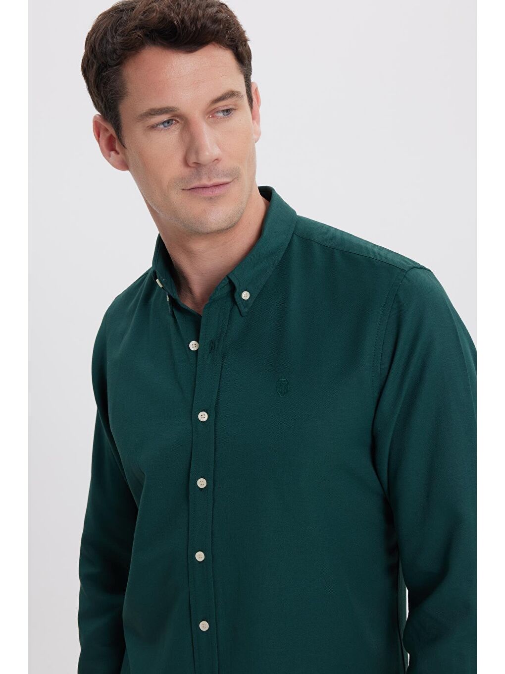 Erkek Slim Fit Dar Kesim Düz Oxford Armalı Düğmeli Yaka Haki Spor Gömlek-1