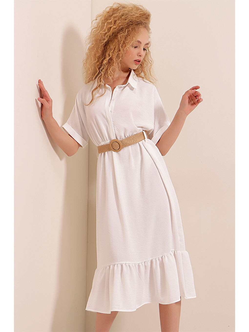 2292 Kemerli Elbise - Beyaz-4