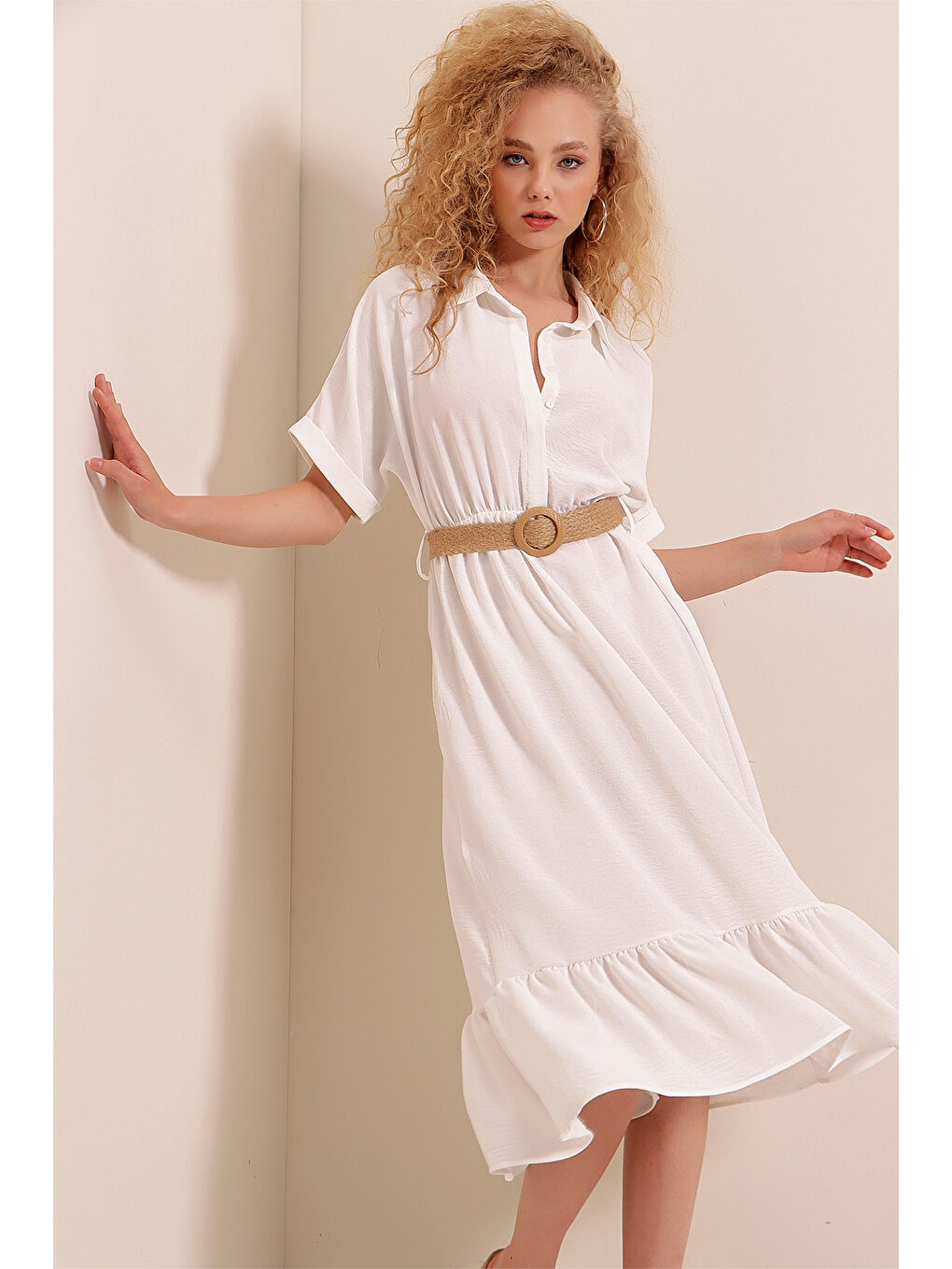 2292 Kemerli Elbise - Beyaz-5