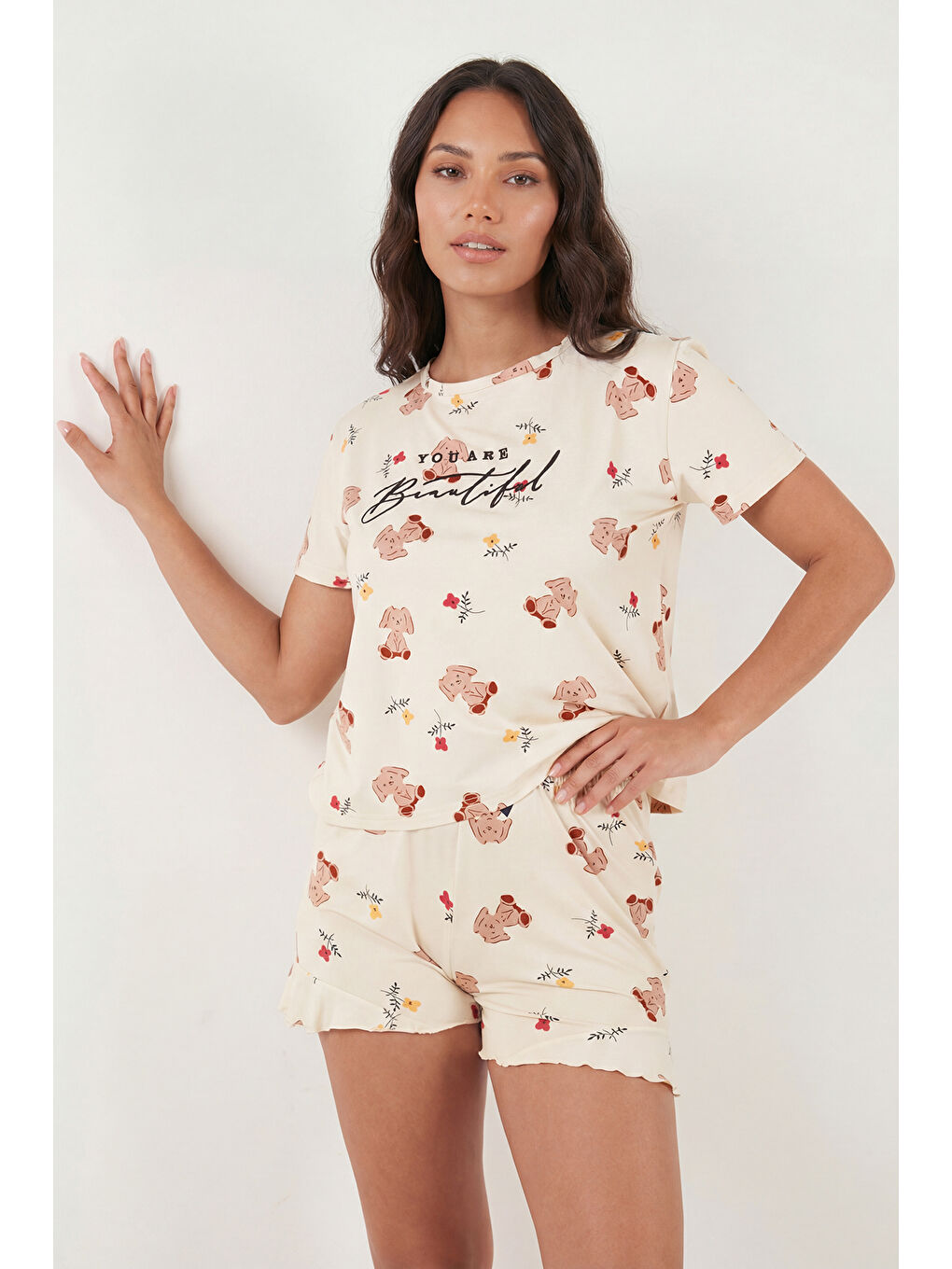 Lila Desenli Bambu Karışımlı Regular Fit Şortlu Pijama Takımı 6097715-3