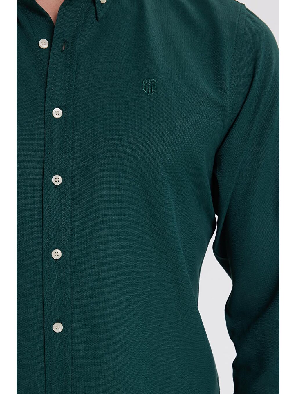 Erkek Slim Fit Dar Kesim Düz Oxford Armalı Düğmeli Yaka Haki Spor Gömlek-2