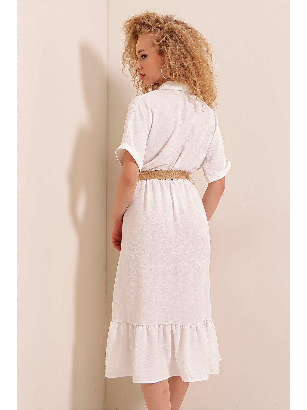 2292 Kemerli Elbise - Beyaz-6