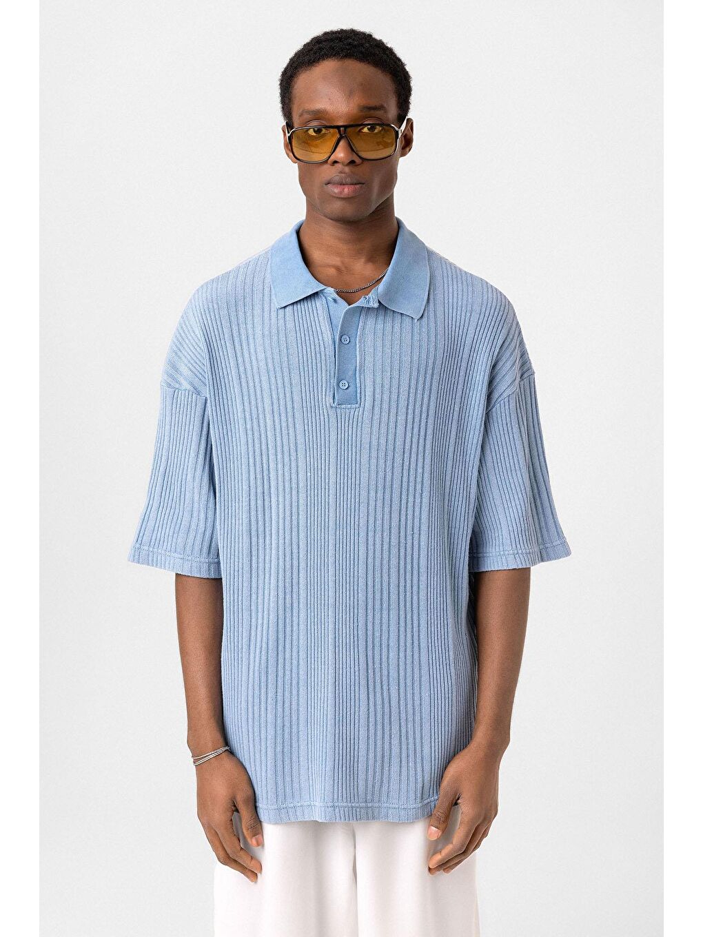 Polo Yaka Oversize Triko Açık Mavi-2