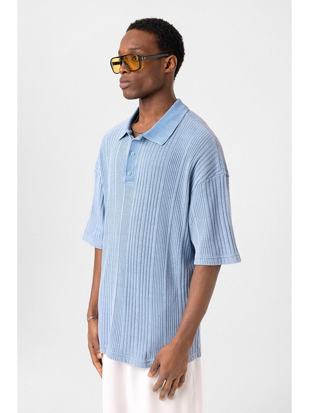 Polo Yaka Oversize Triko Açık Mavi-3