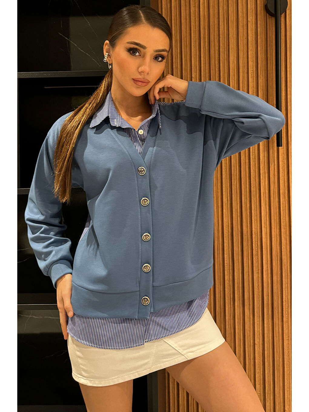 Lacivert Kadın Hırka Kombinli Gömlek