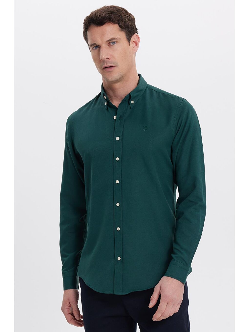 Erkek Slim Fit Dar Kesim Düz Oxford Armalı Düğmeli Yaka Haki Spor Gömlek-3