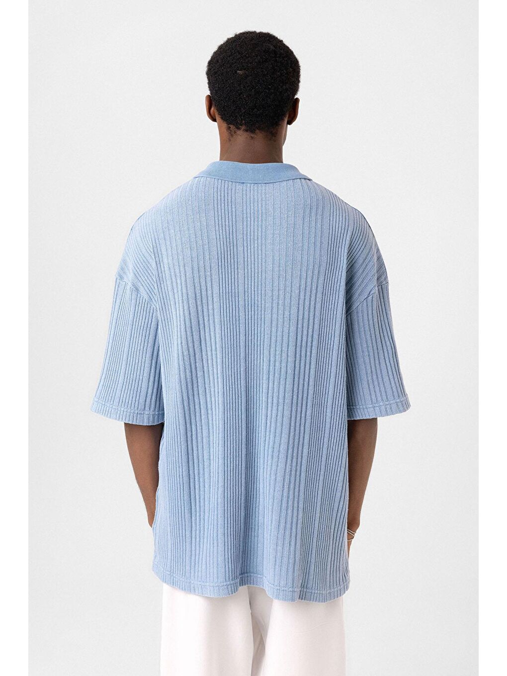 Polo Yaka Oversize Triko Açık Mavi-4