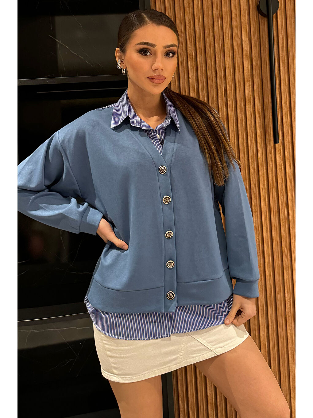 Lacivert Kadın Hırka Kombinli Gömlek-1