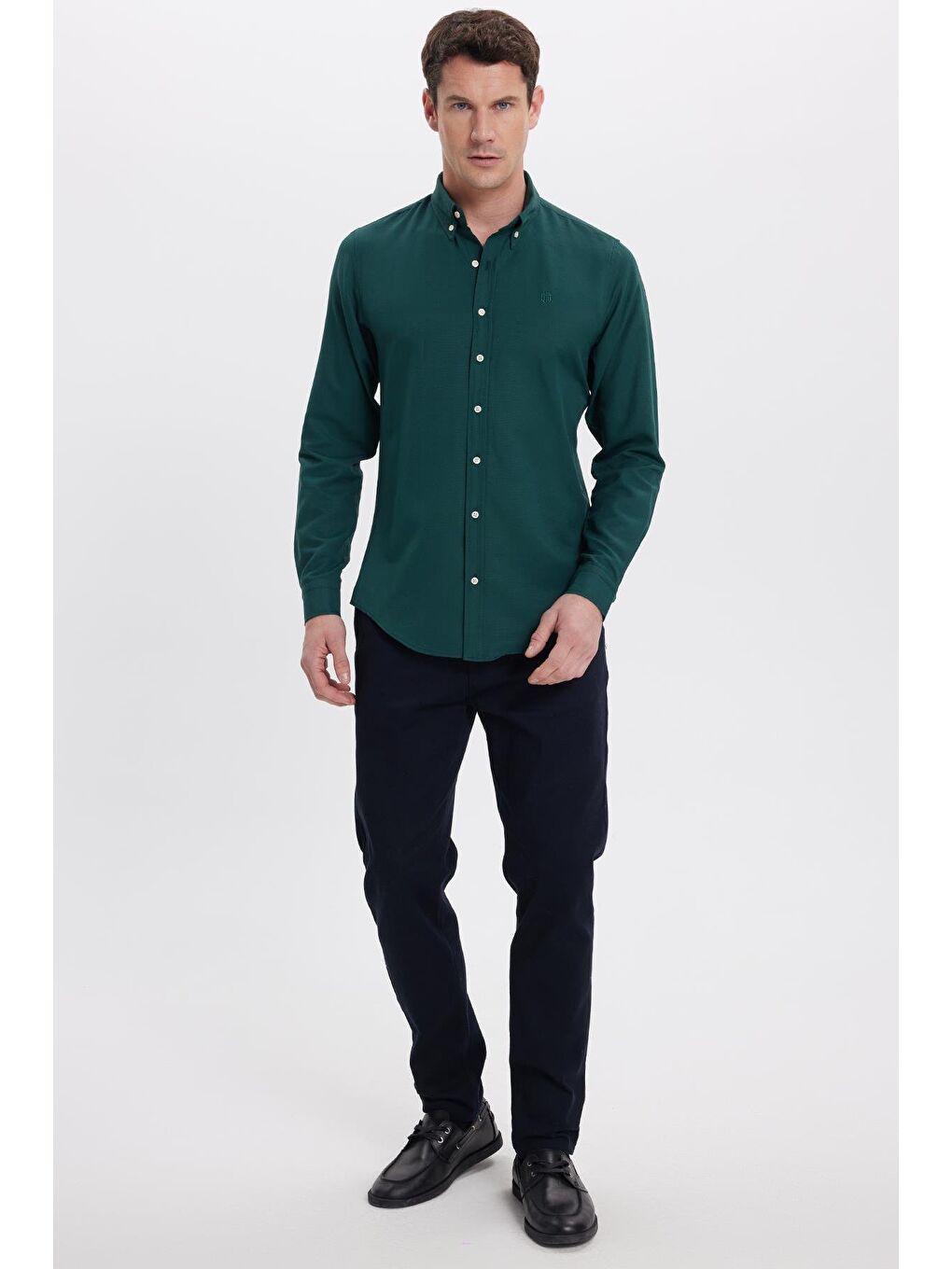 Erkek Slim Fit Dar Kesim Düz Oxford Armalı Düğmeli Yaka Haki Spor Gömlek-4