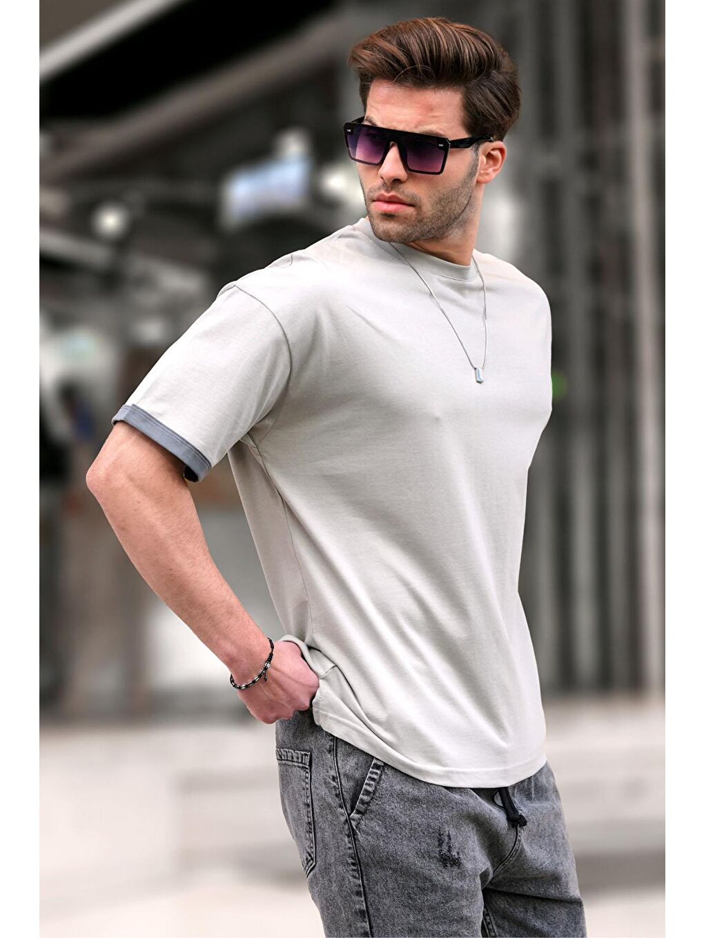 Boyalı Gri Oversize Bisiklet Yaka Tişört 6184