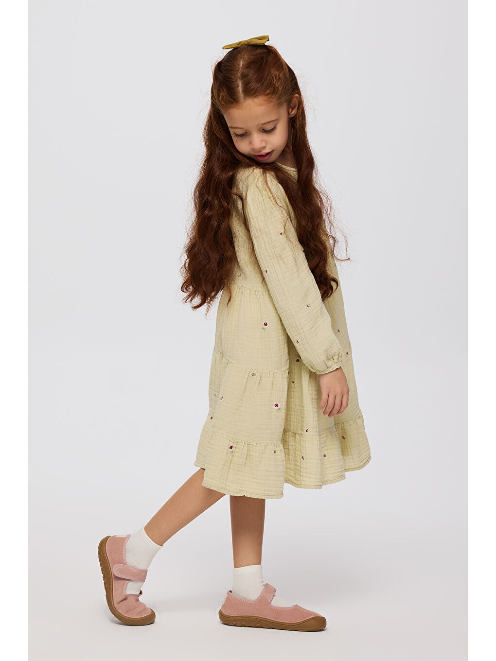 Kız Çocuk Çiçek Baskılı Müslin Elbise Yeşil-3