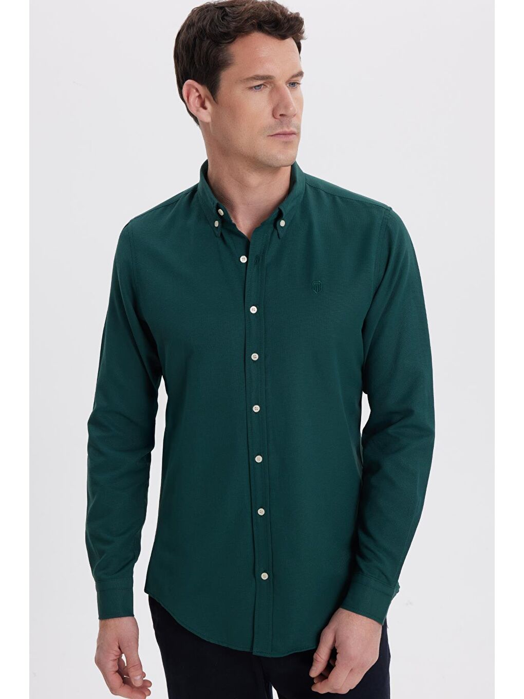 Erkek Slim Fit Dar Kesim Düz Oxford Armalı Düğmeli Yaka Haki Spor Gömlek-5