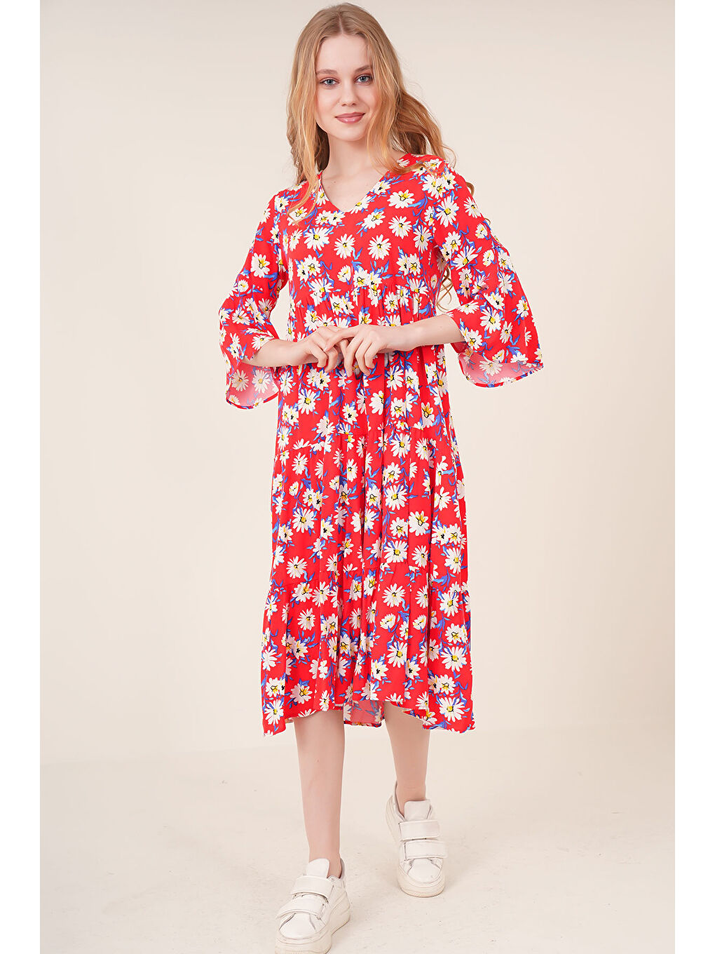 1959 Desenli Viskon Elbise - Kırmızı