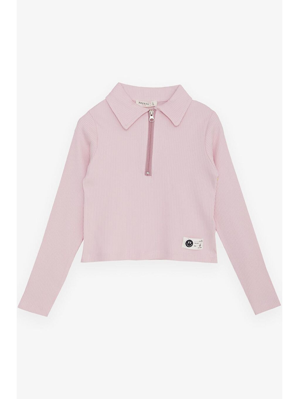 Kız Çocuk Uzun Kollu Crop Tişört Polo Yaka Yarım Fermuarlı Gülenyüz Armalı Pembe (8-14 Yaş)