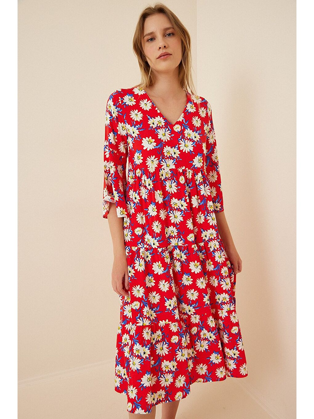 1959 Desenli Viskon Elbise - Kırmızı-1