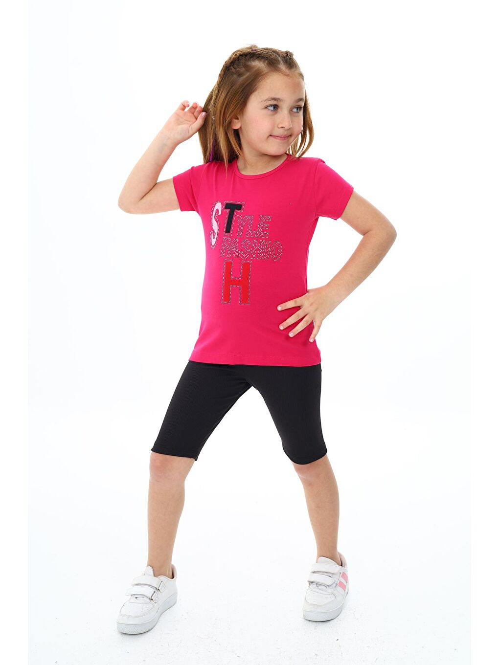 Fuşya Kız Çocuk Kısa Taytlı Takım (Tişört+Tayt) 3-13 Yaş Zu101-1