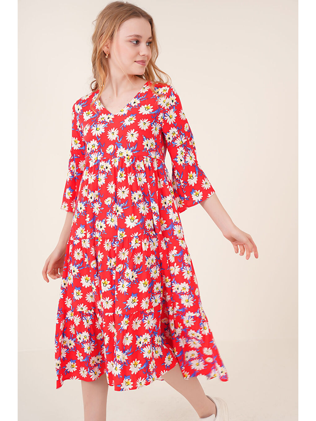 1959 Desenli Viskon Elbise - Kırmızı-3