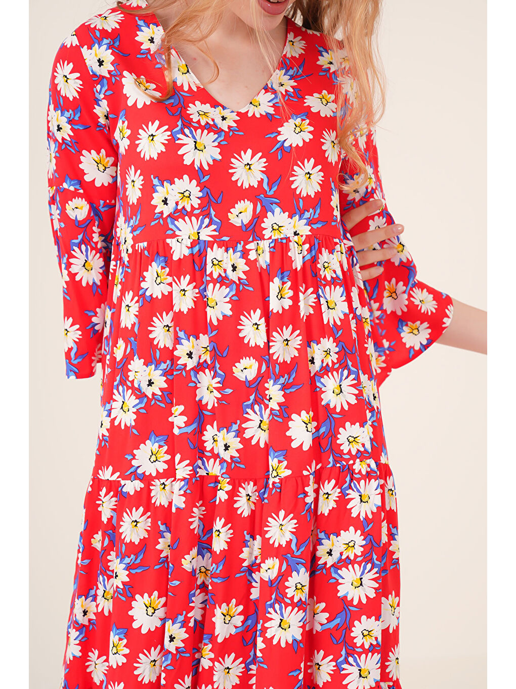 1959 Desenli Viskon Elbise - Kırmızı-4