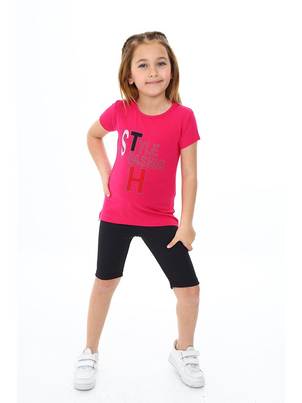 Fuşya Kız Çocuk Kısa Taytlı Takım (Tişört+Tayt) 3-13 Yaş Zu101-2