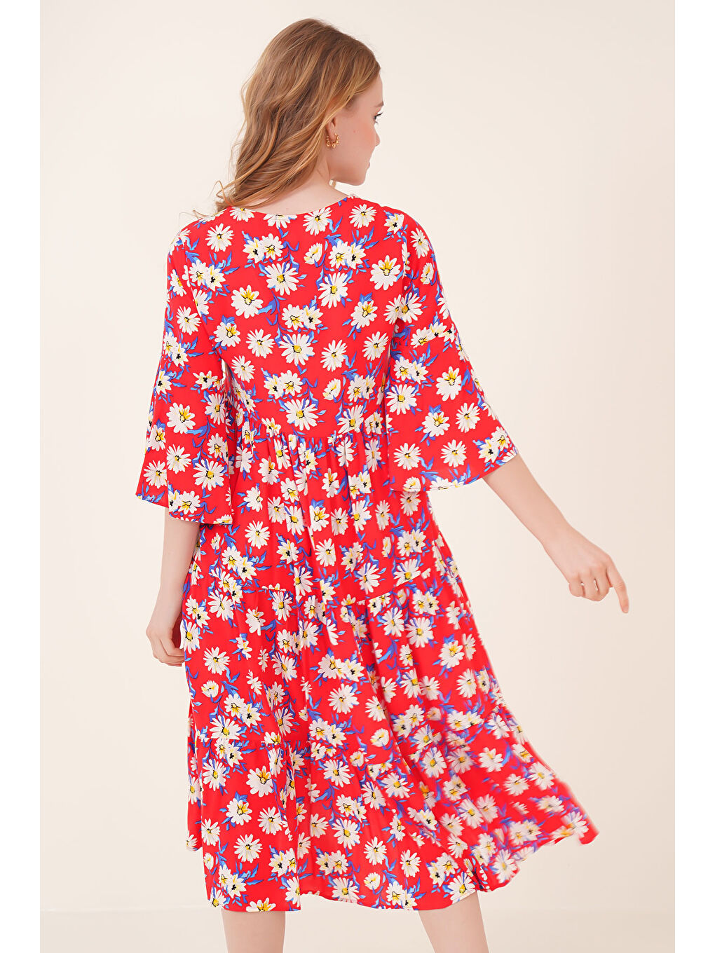 1959 Desenli Viskon Elbise - Kırmızı-5