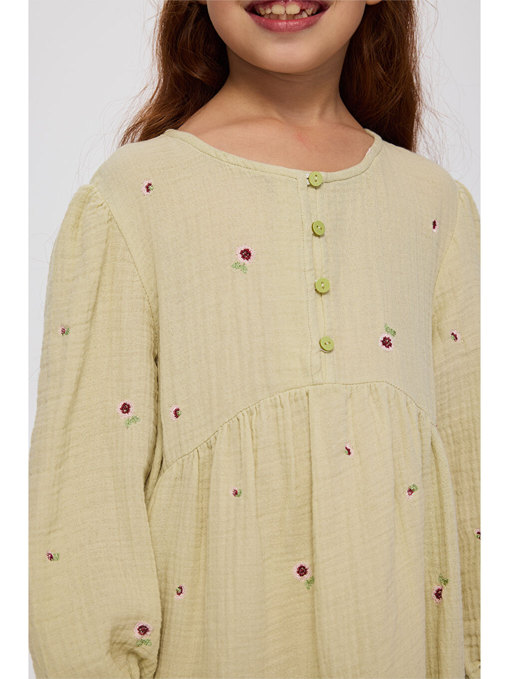 Kız Çocuk Çiçek Baskılı Müslin Elbise Yeşil-5