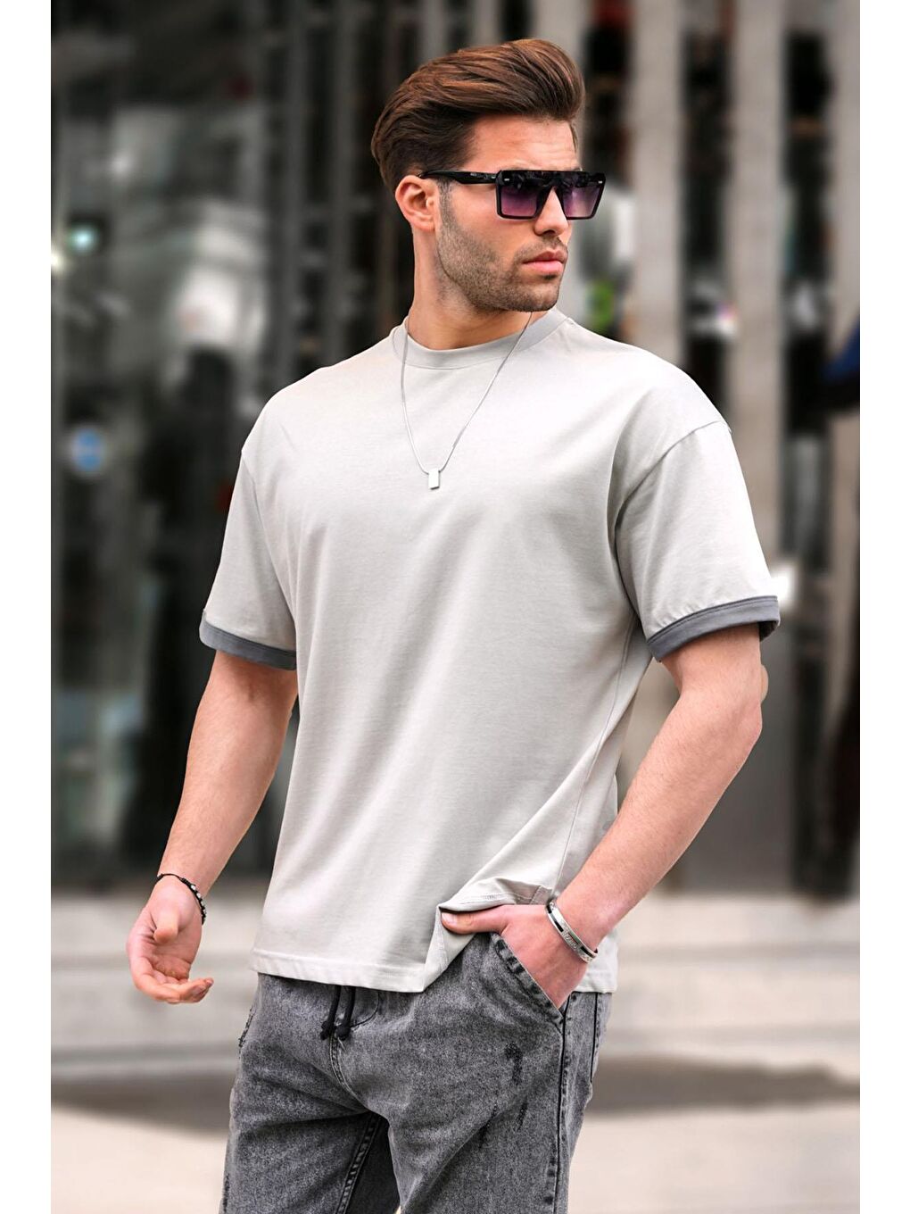 Boyalı Gri Oversize Bisiklet Yaka Tişört 6184-1