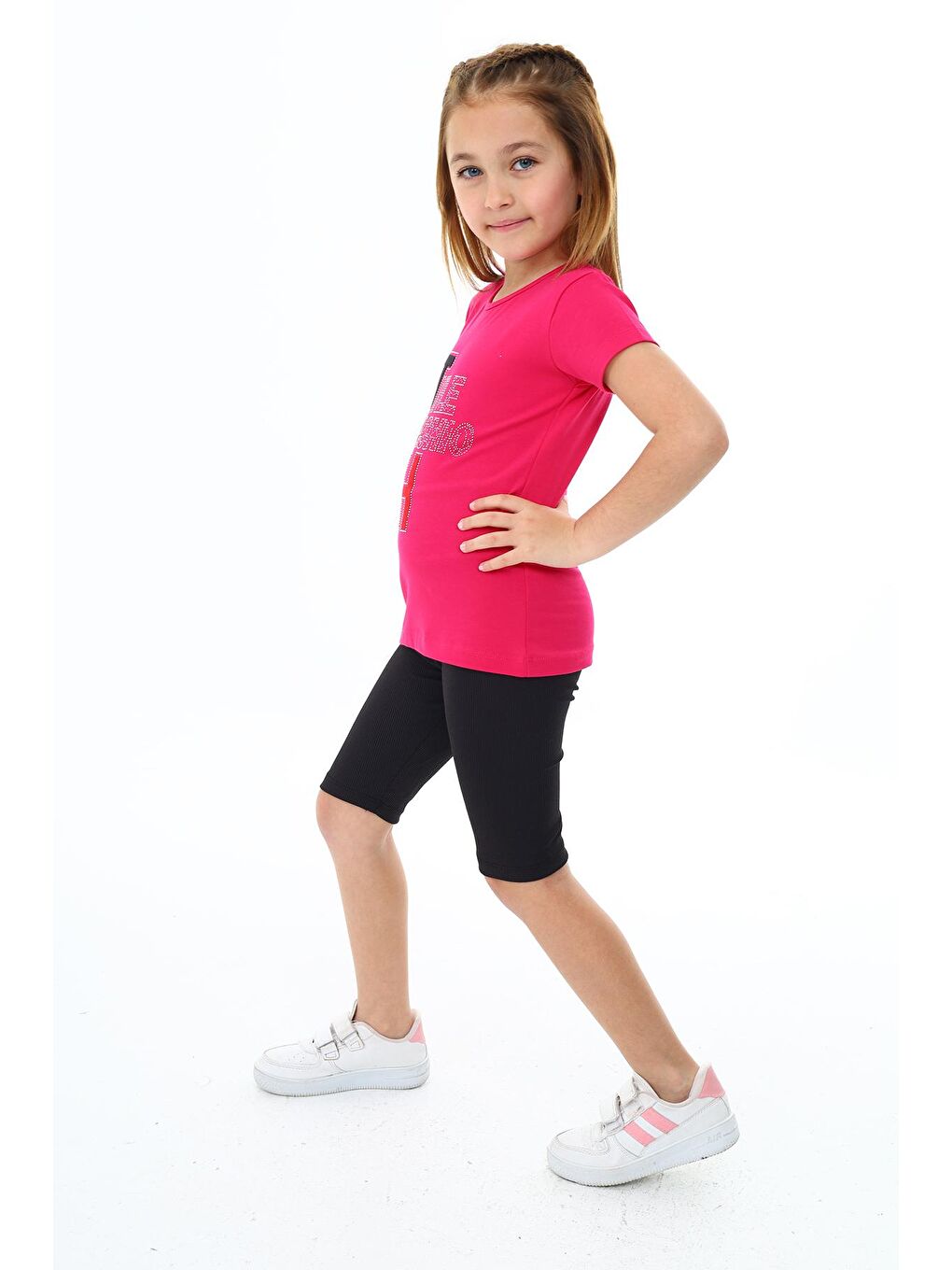 Fuşya Kız Çocuk Kısa Taytlı Takım (Tişört+Tayt) 3-13 Yaş Zu101-3