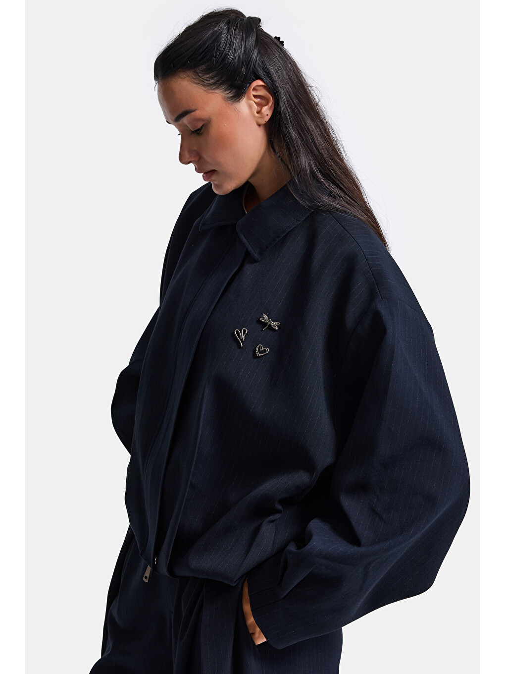 Kadın Lacivert W6-56 Bomber Oversize Aksesuar Detaylı Tasarım Ceket-6