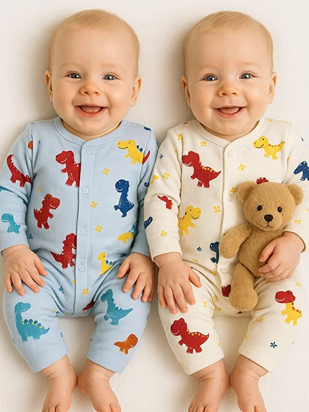 Bej Erkek Bebek Dinozor Desenli 2li Tulum Seti-1