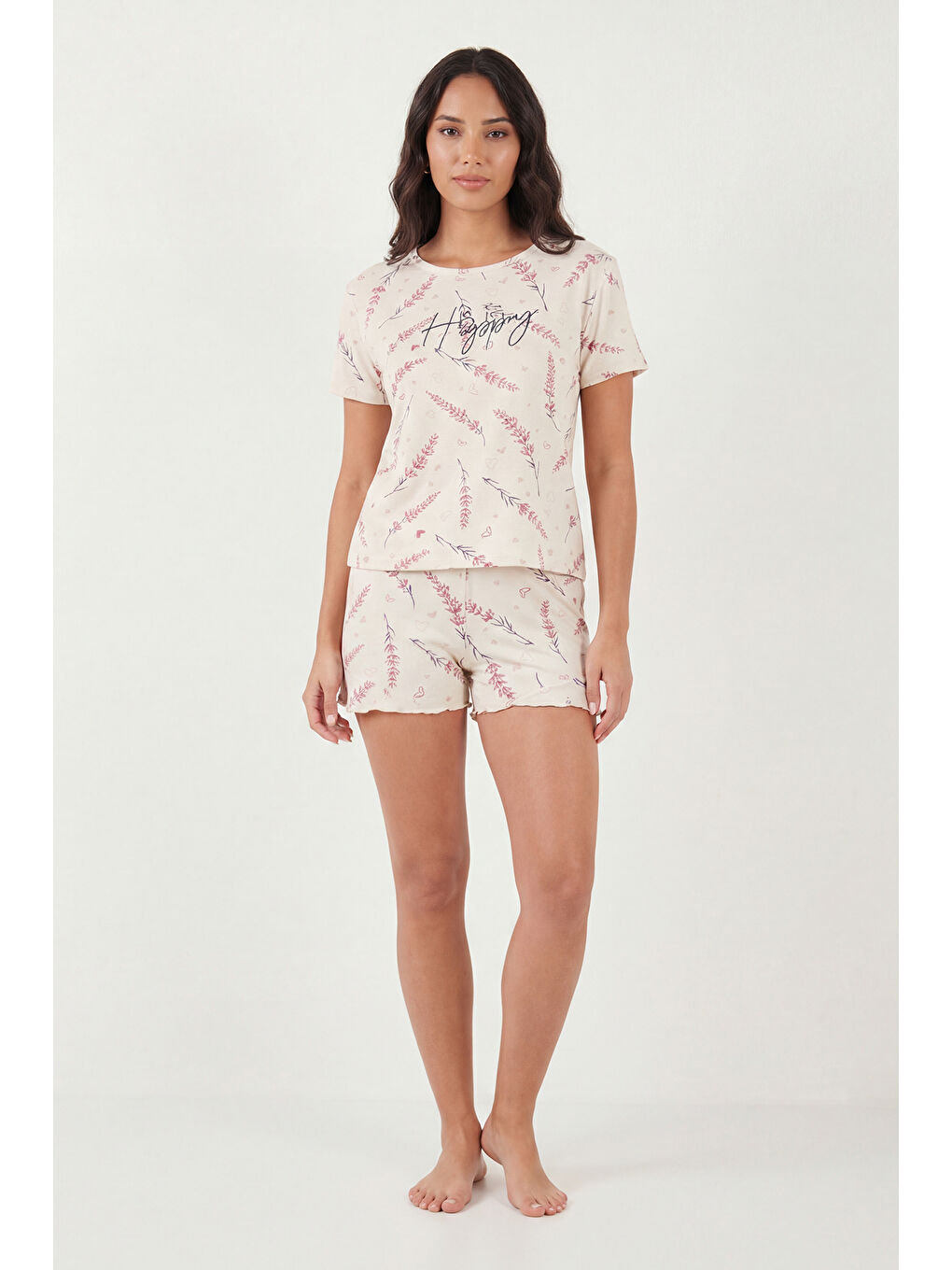 Lila Desenli Bambu Karışımlı Regular Fit Şortlu Pijama Takımı 6097715