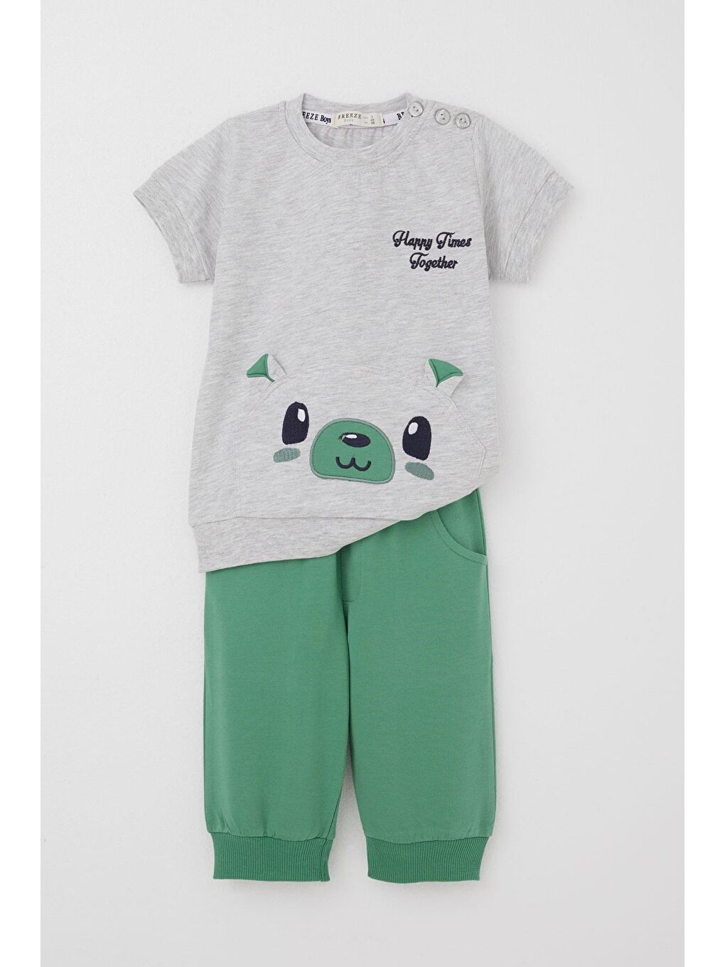 Erkek Bebek Kapri Takım Sevimli Ayıcık Nakışlı Açık Gri Melanj (9 Ay-1.5 Yaş)