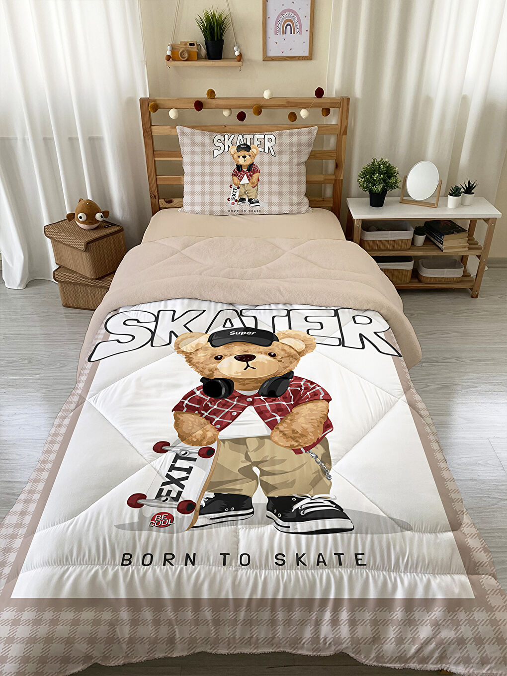 Karışık Çift Taraflı Teddy Desenli Kapitone Yorgan   Tek Kişilik Kişilik Uyku Seti