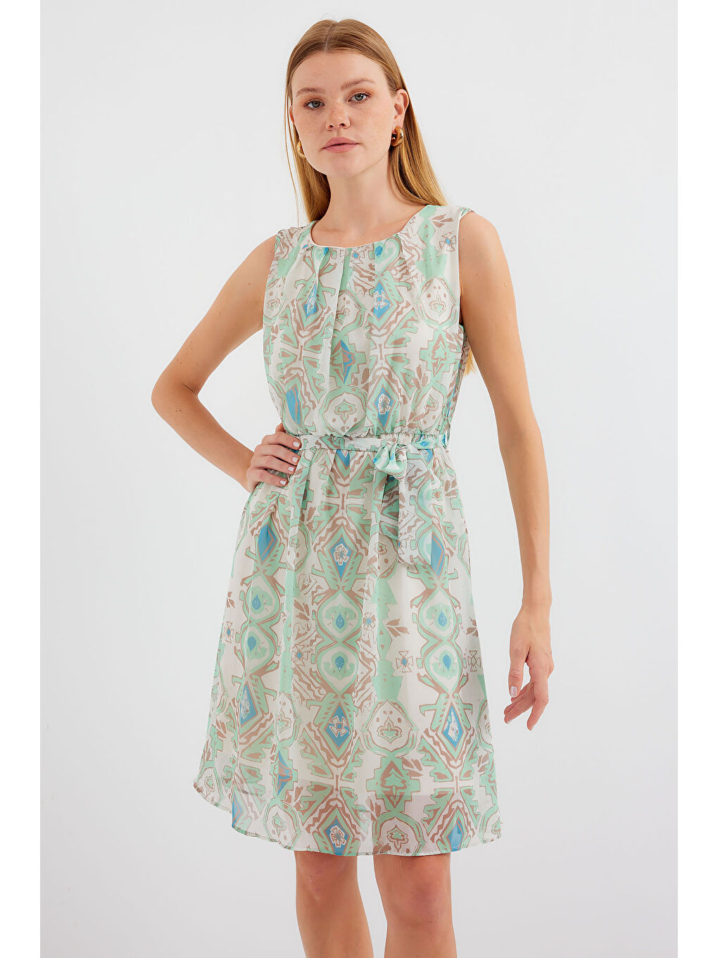 Yeşil 2501 Desenli Sıfır Kol Şifon Elbise - Mint-1