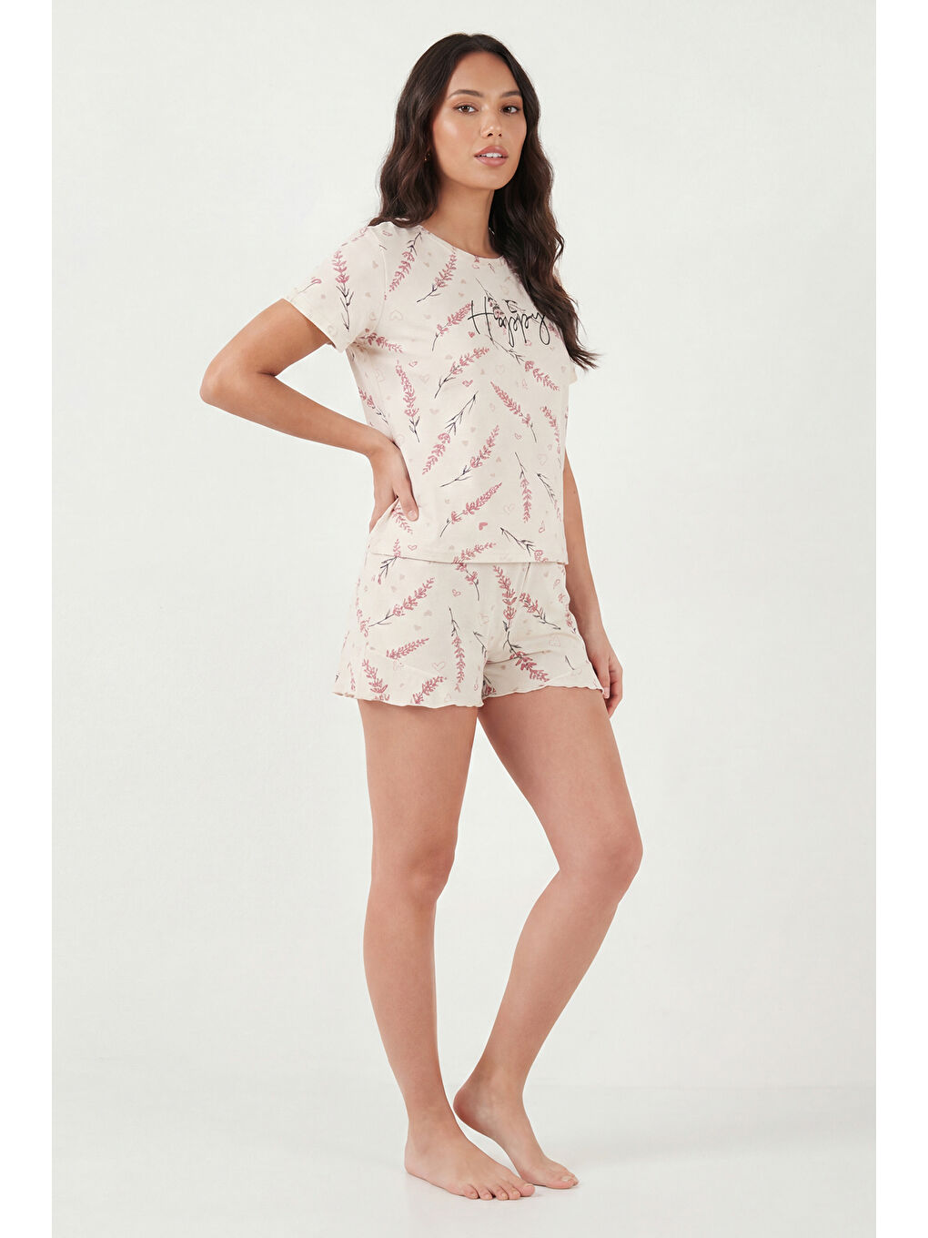 Lila Desenli Bambu Karışımlı Regular Fit Şortlu Pijama Takımı 6097715-1