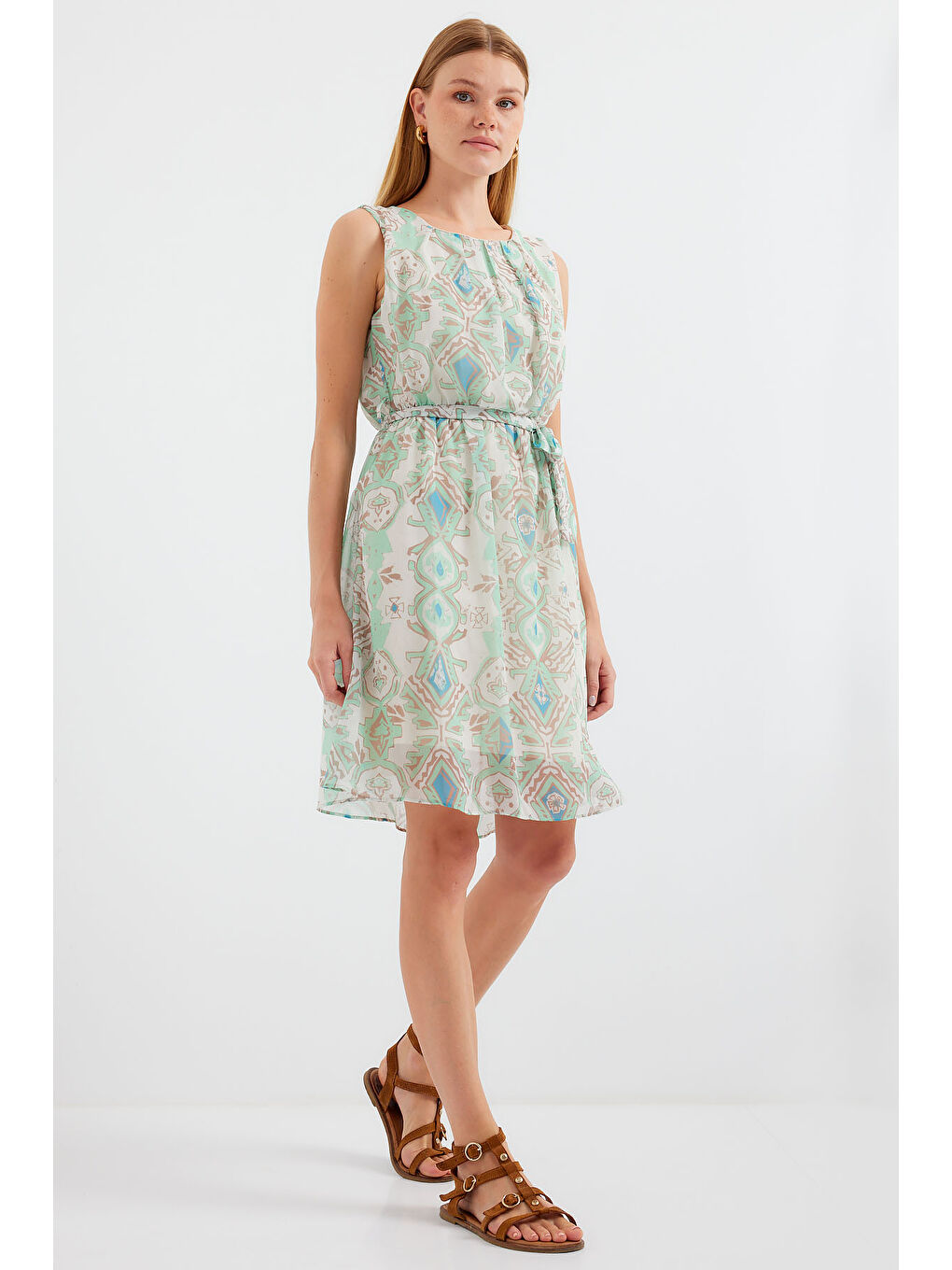 Yeşil 2501 Desenli Sıfır Kol Şifon Elbise - Mint-2