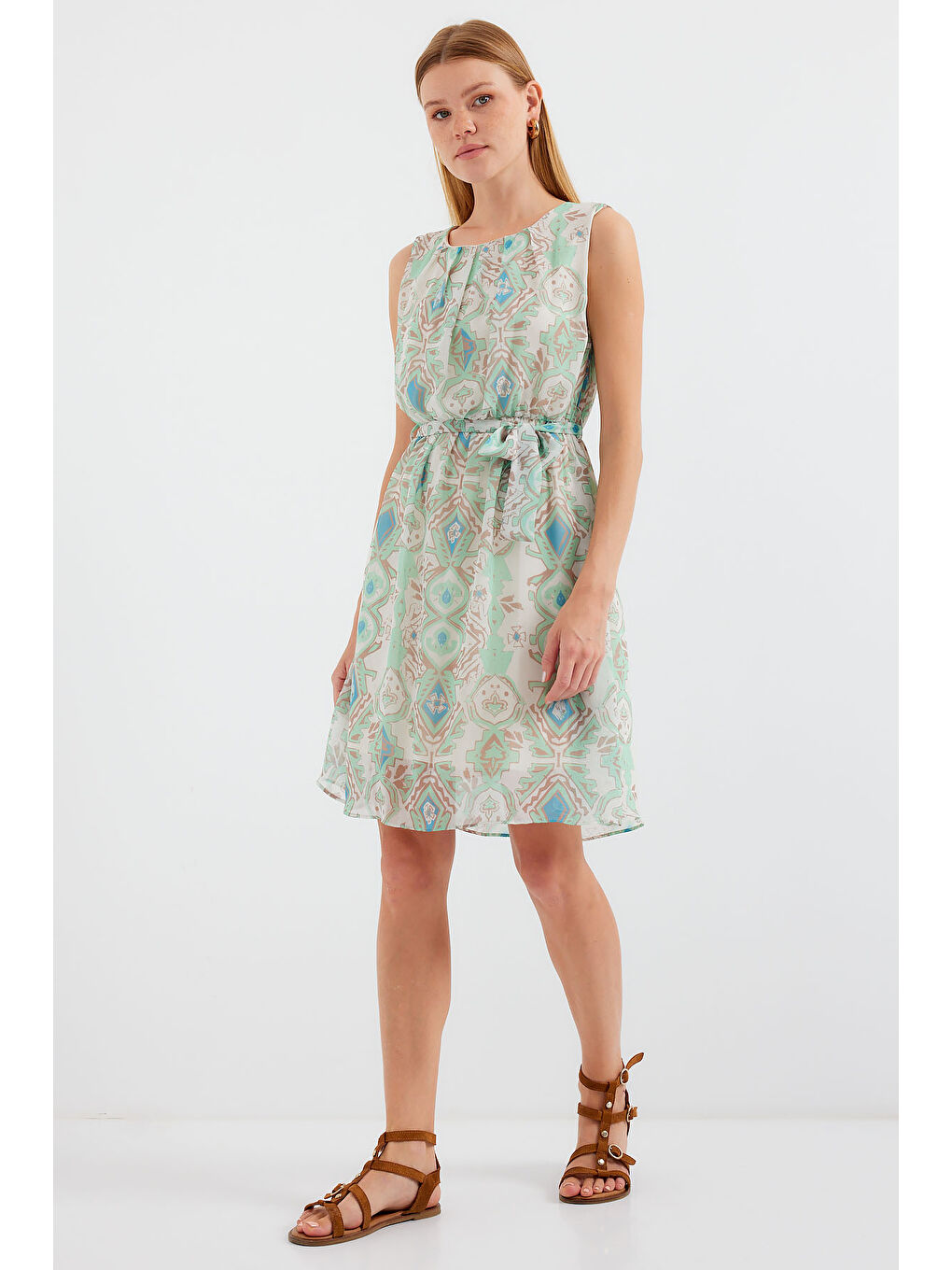 Yeşil 2501 Desenli Sıfır Kol Şifon Elbise - Mint-3