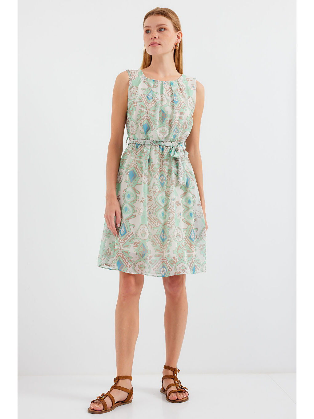 Yeşil 2501 Desenli Sıfır Kol Şifon Elbise - Mint-4