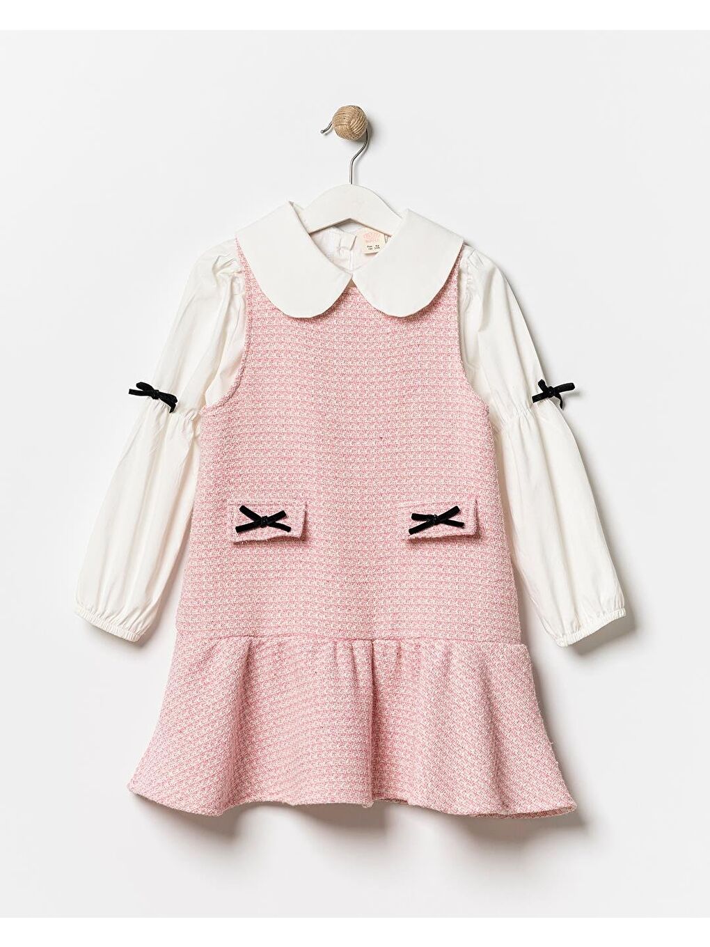 Kız Çocuk Pamuklu Pembe Gömlek Yaka Elbiseli 2 Parça Elbise-2