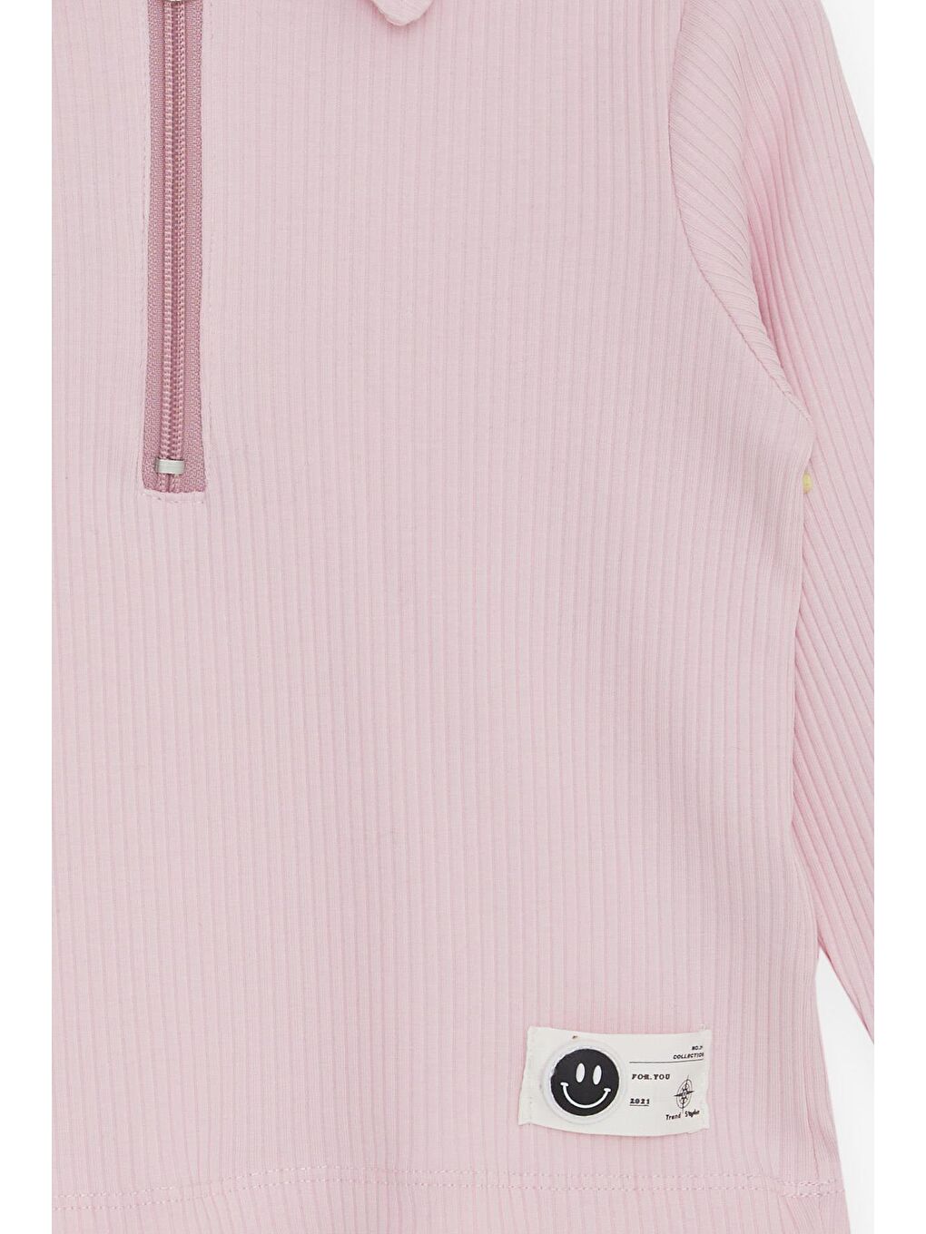 Kız Çocuk Uzun Kollu Crop Tişört Polo Yaka Yarım Fermuarlı Gülenyüz Armalı Pembe (8-14 Yaş)-3