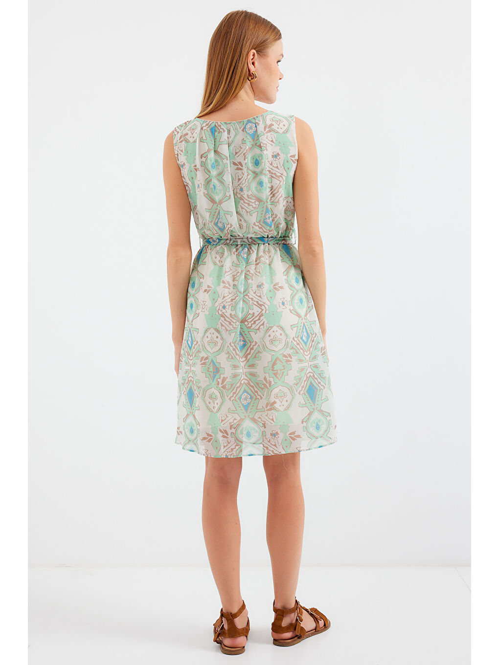 Yeşil 2501 Desenli Sıfır Kol Şifon Elbise - Mint-6