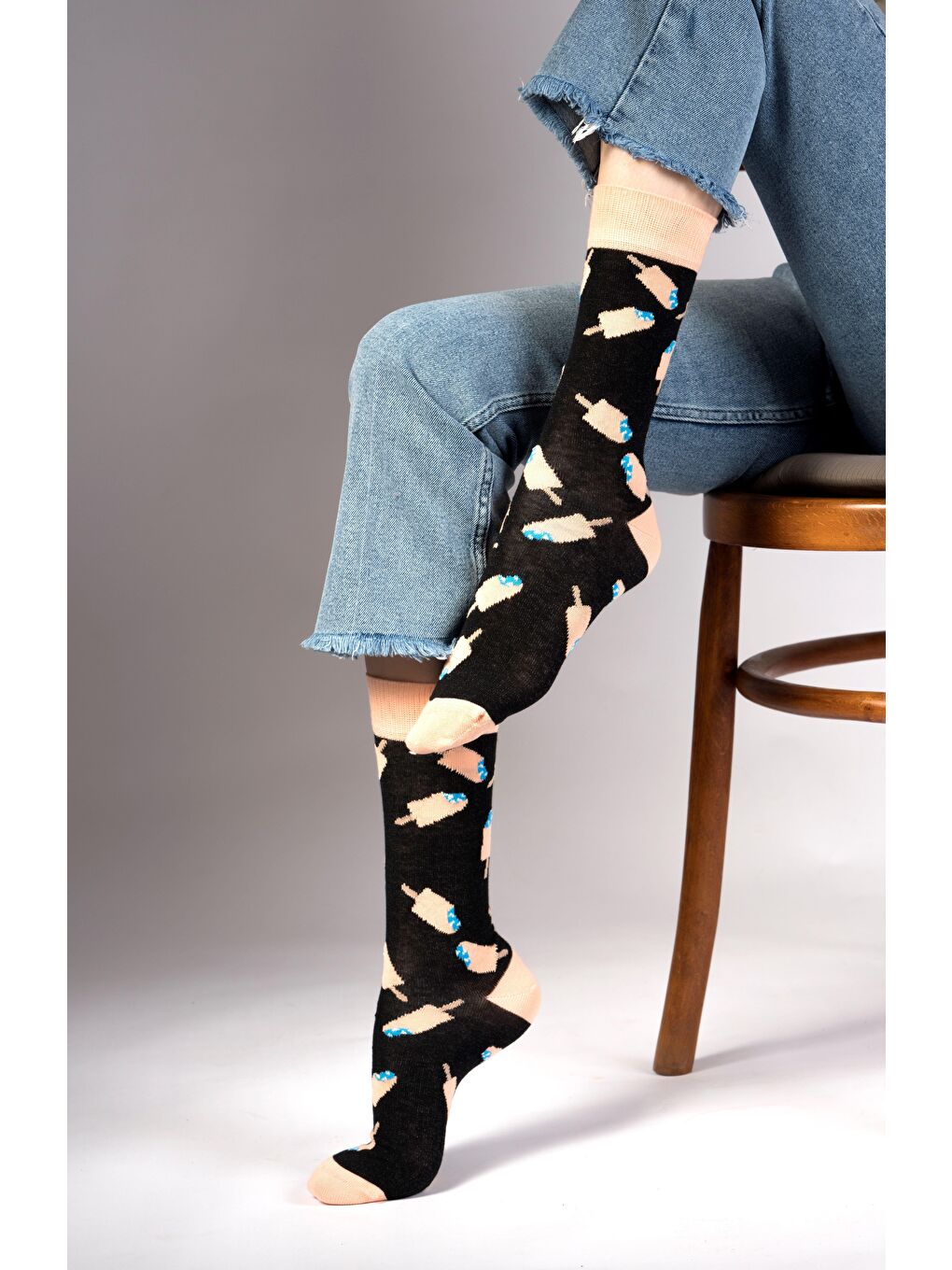 Siyah Ice Cream Desenli Çorap-3