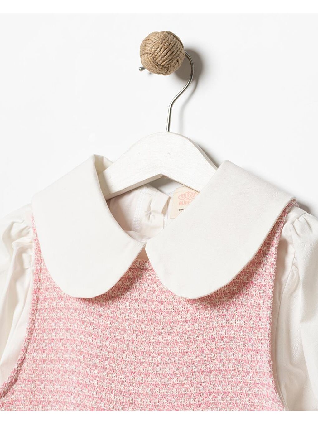 Kız Çocuk Pamuklu Pembe Gömlek Yaka Elbiseli 2 Parça Elbise-5