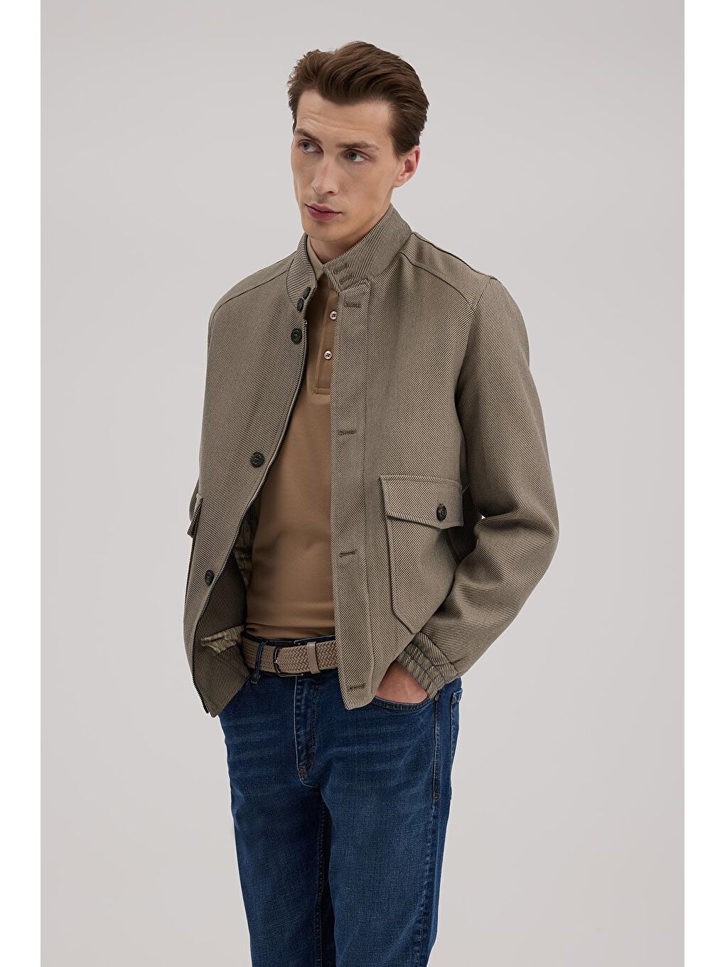 Bej Slim Fit Mono Yaka Cepli Ceket Görünümlü Mont-1