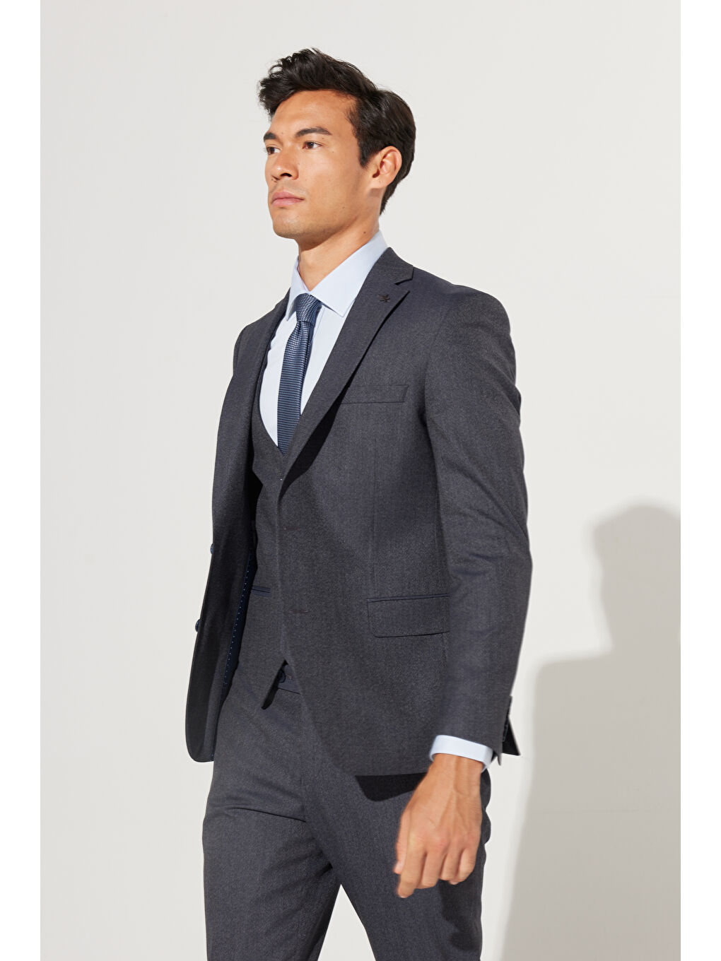 Erkek Lacivert-Gri Slim Fit Dar Kesim Mono Yaka Desenli Yünlü Yelekli Takım Elbise