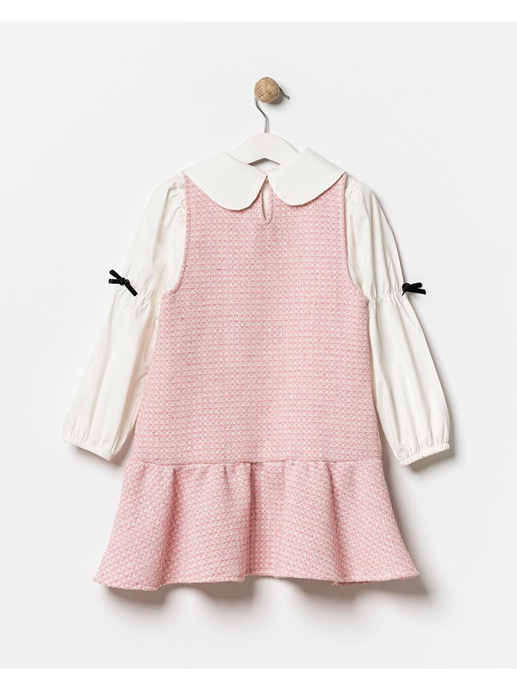 Kız Çocuk Pamuklu Pembe Gömlek Yaka Elbiseli 2 Parça Elbise-7