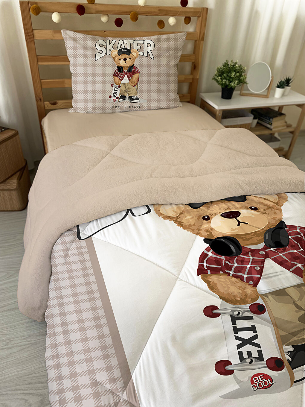 Karışık Çift Taraflı Teddy Desenli Kapitone Yorgan   Tek Kişilik Kişilik Uyku Seti-1