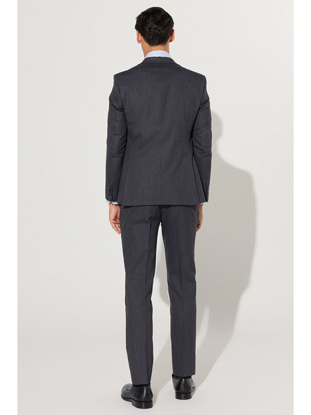 Erkek Lacivert-Gri Slim Fit Dar Kesim Mono Yaka Desenli Yünlü Yelekli Takım Elbise-2